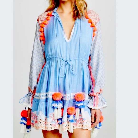 HERMANT & NADITA MINI DRESS Embroidered Pom-pom Tassel Eyelet Blue Pink Sz S - Picture 1 of 17